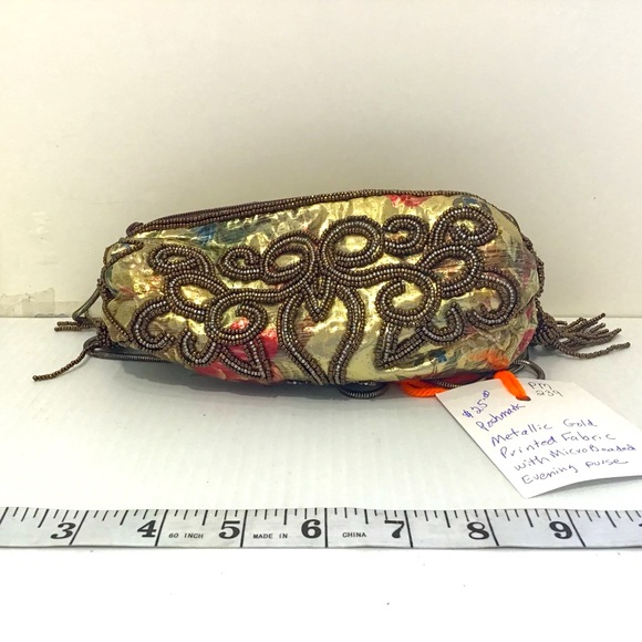 Evening Purse Metallic Gold Printed Fabric w/ Micro-beading - Picture 2 of 3